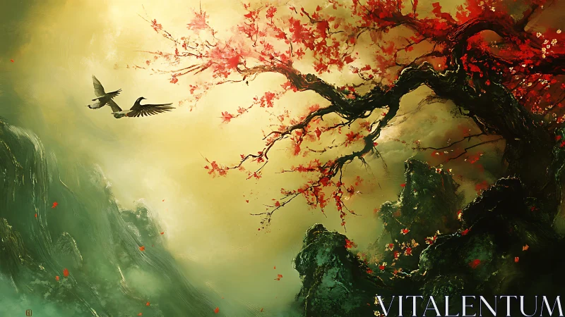 Red-blossomed tree above misty cliffs with flying birds.