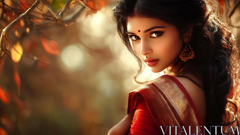 Elegant Indian Woman in Red Saree Amid Autumn Leaves, Portrait Style.