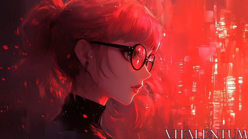 Cybernetic profile portrait in crimson lightscape environment.