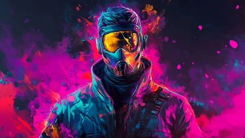 Neon masked cyberpunk figure in magenta cyan vapor explosion