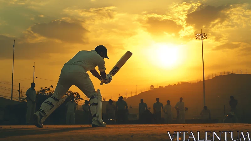 Cricketer prepares shot against glowing sunset sky.