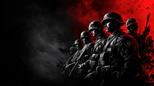 Grim red horizon meets steel-clad marching war shadows.