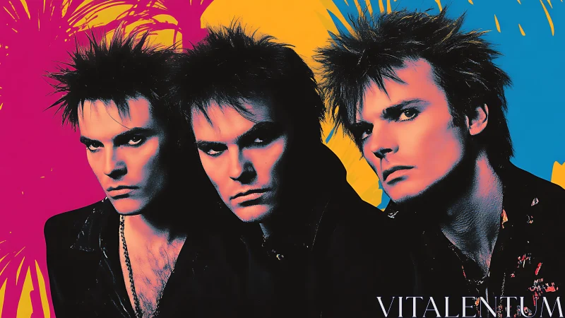 Triplicate neon portrait of spiked-haired new wave frontman.