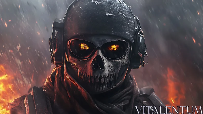 Armored skull-masked soldier advances through blazing chaos