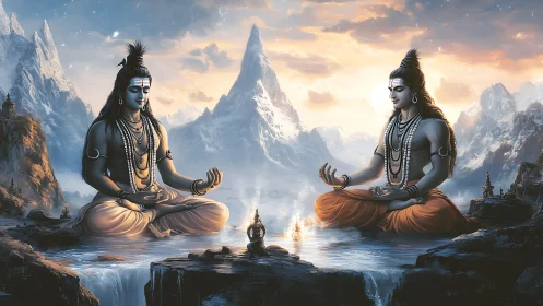 Twin Shiva forms meditate above cascading Himalayan waters