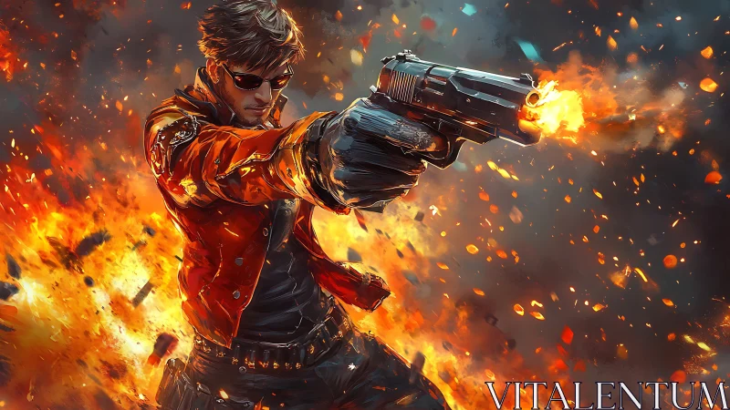 Gunman strides through blazing explosion in heroic slow motion