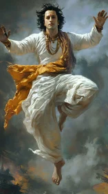 Radiant deity in flowing white robes descends through clouds