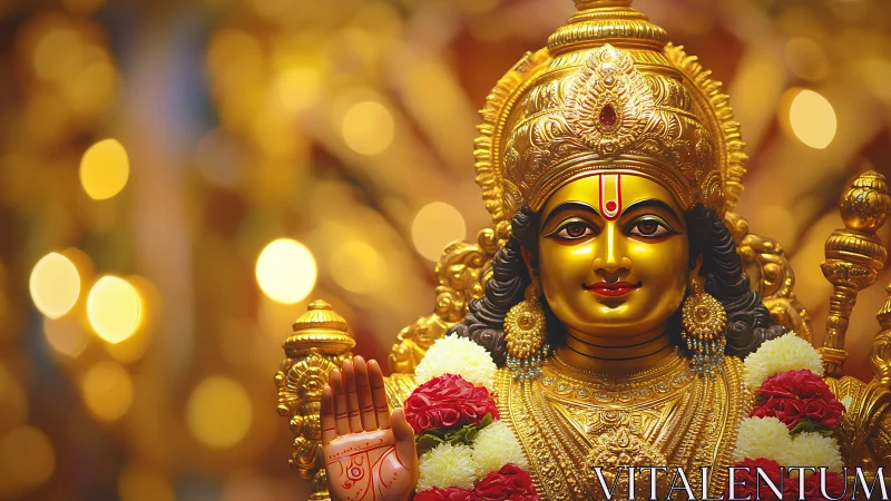 Golden Hindu deity statue with floral garlands and bokeh background.