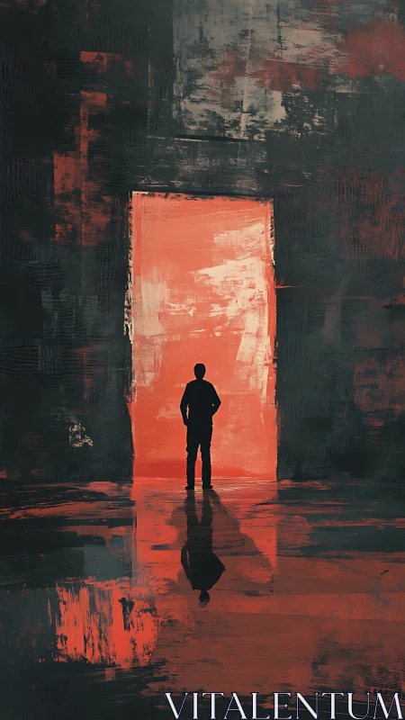 Silhouette at the ember doorway between shadow and unknown.