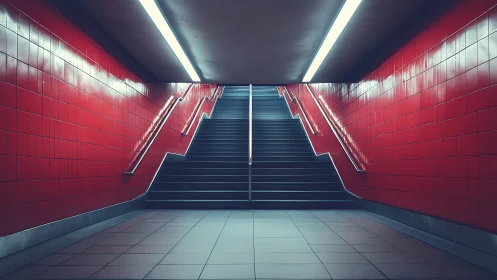 Symmetrical subway stairwell under cool fluorescent linear lighting