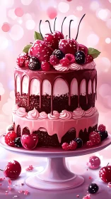 Layered Berries and Cream Cake on Pink Pedestal Stand.