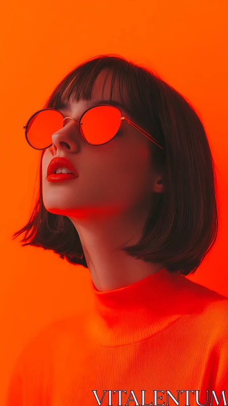 Stylish woman in red sunglasses against vivid orange backdrop.