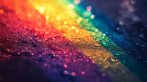 Macro rainbow refraction across wet surface with bokeh highlights