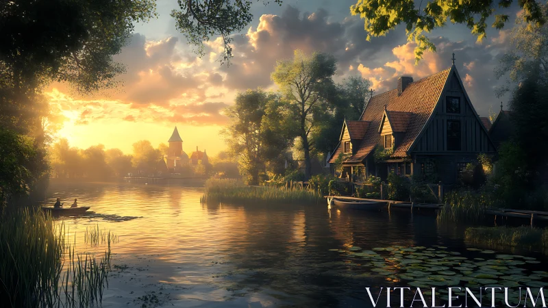 Golden hour riverside cottage in tranquil village landscape.