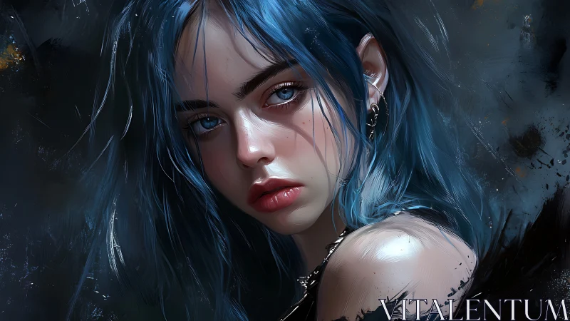 Digital portrait of blue haired woman on dark background.