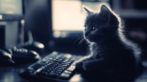 Black Kitten at Computer Desk with Soft Rim Lighting