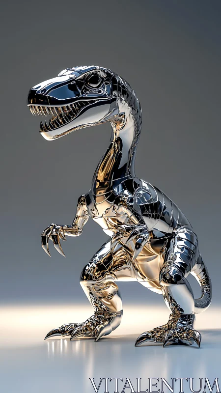 Chrome raptor sculpture shines under dramatic studio light.