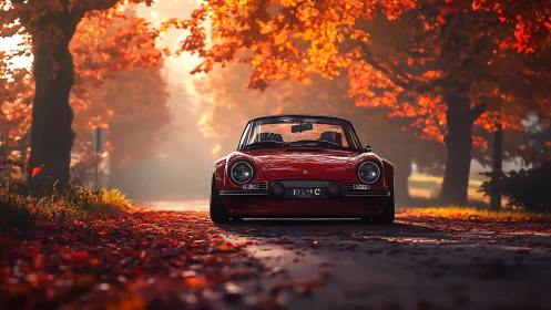 Crimson classic convertible resting under golden autumn light.