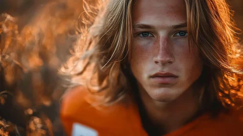 Intense close-up portrait of long-haired young man outdoors.