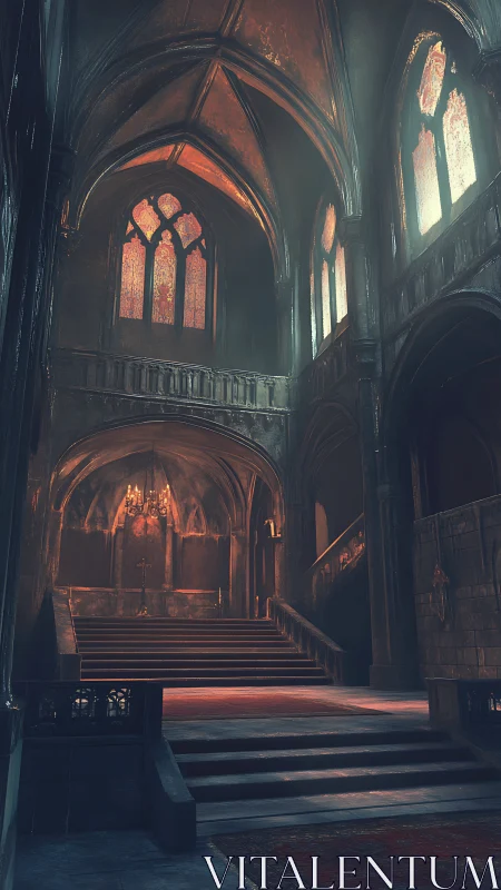 Gothic nave interior with vaulted arches and stained glass glow