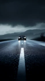 Headlights glow on a wet open road beneath a brooding sky