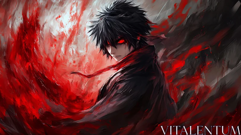 Volatile crimson energy vortex encircling dark anime caster.