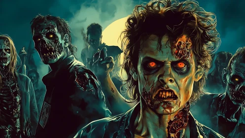 Moonlit zombie horde steps forward with eerie glowing eyes