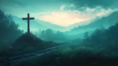 Crossroad dawn over misty mountains and quiet remembrance.