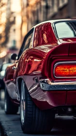 Rear three-quarter view of red classic coupe on city street.