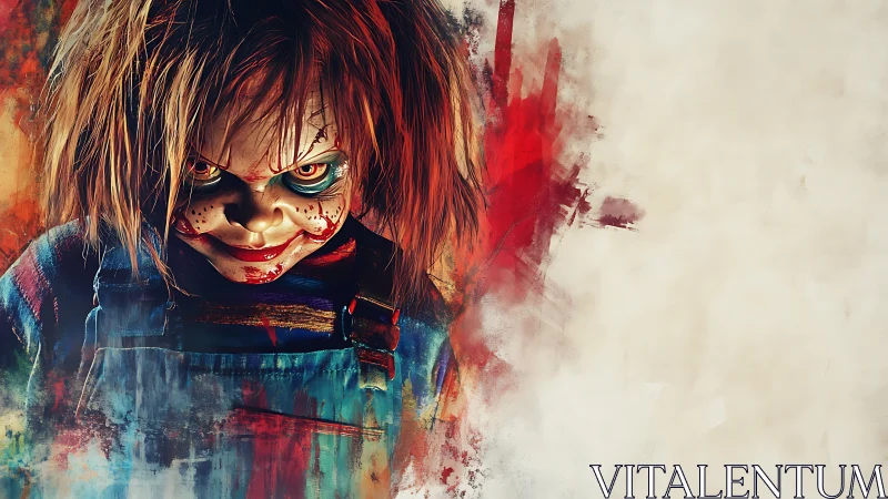 Sinister toy portrait wrapped in wild painted chaos.