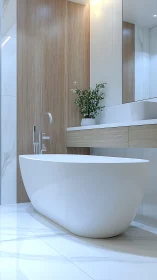 Minimalist white freestanding bathtub anchors bright spa bathroom