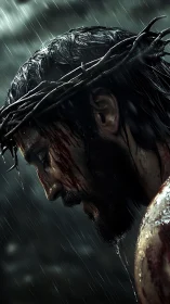 Sorrowful crowned figure endures rain in dramatic profile.