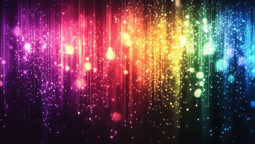 Rainbow light streaks with glowing bokeh particles cascade.