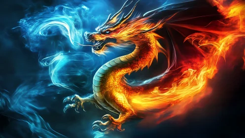 Dragon formed of fire and ice energy in dark space.