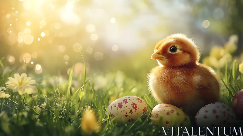 Young chick sits among patterned eggs in soft field light