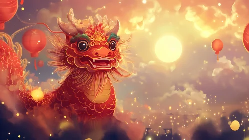 Chinese dragon floats through glowing lantern filled sky