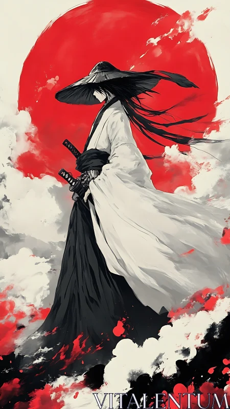 Lone samurai silhouette beneath crimson rising sun emblem.