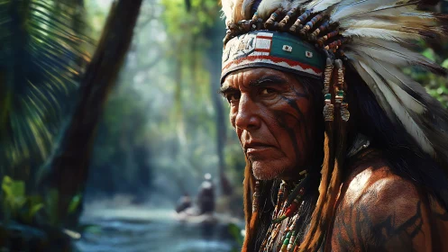Warrior elder in feathered headdress within jungle light.