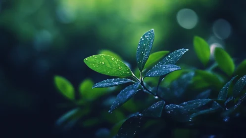 Leaf cluster holds clear water droplets against soft bokeh