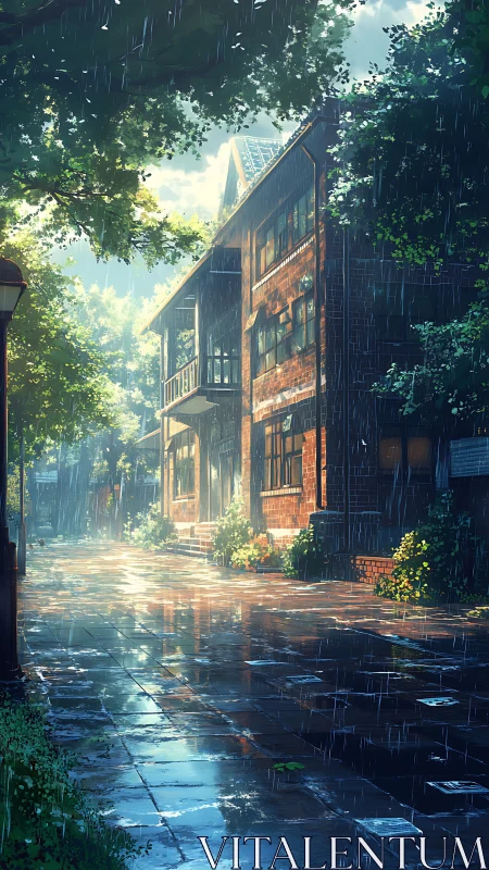Rain-washed brick street with sunlit reflections and foliage.