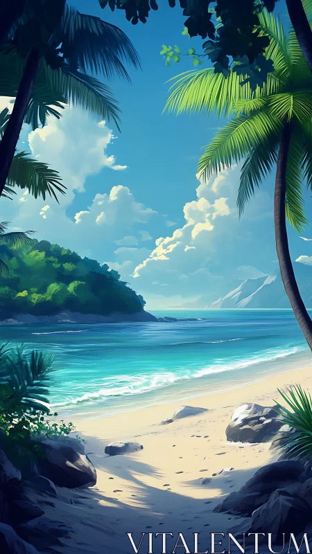 Tropical Coastal Panorama: Digital Illustration with Luminous Sky.