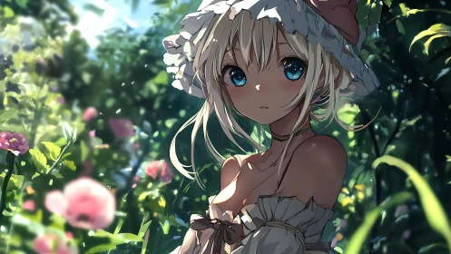 Blue-eyed garden muse beneath sun-dappled blossoms.