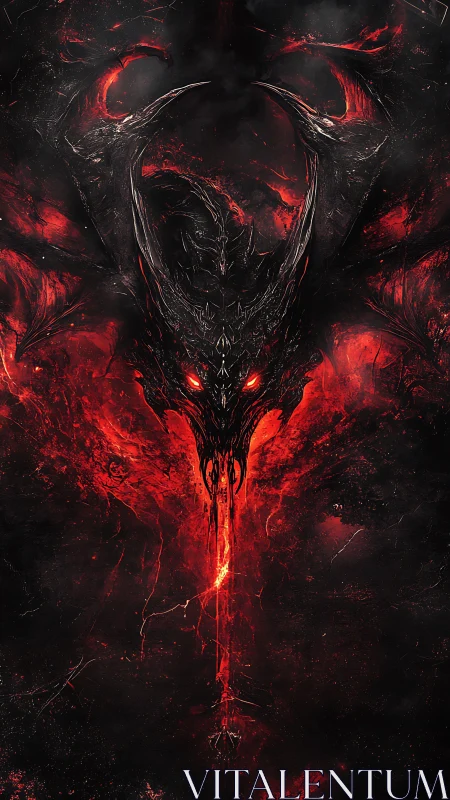 Demonic fire dragon head in infernal red abyssic void.