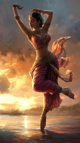 Graceful Indian dancer rises above glowing sunset waters.