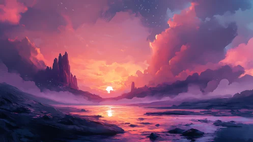 Dreamy sunset bay wrapped in glowing pink and violet clouds.