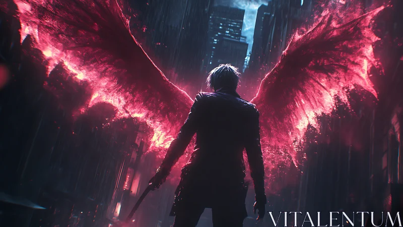 Winged antihero dominates neon-soaked dystopian alleyway