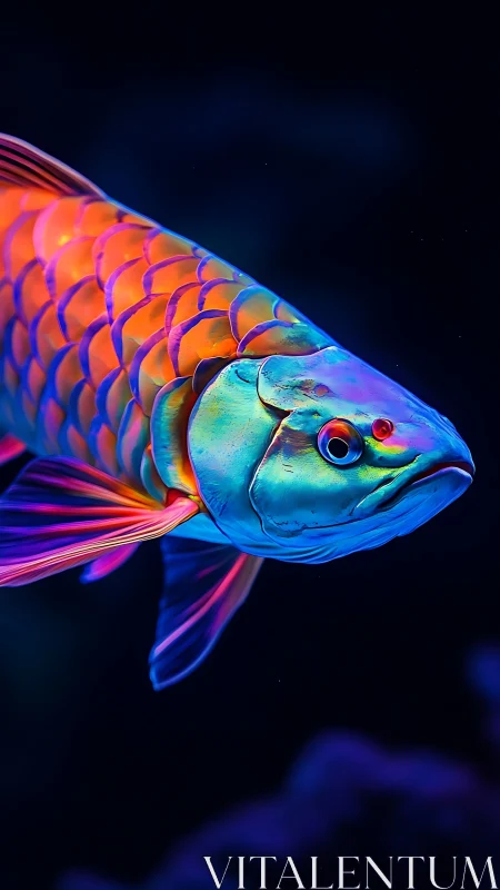 Neon arowana glides through dark water in side profile view