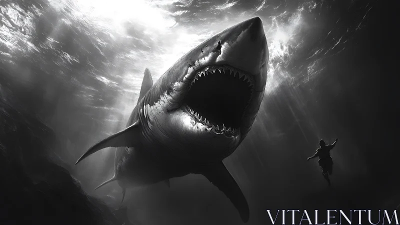 Monochrome render shows large shark approaching nearby diver