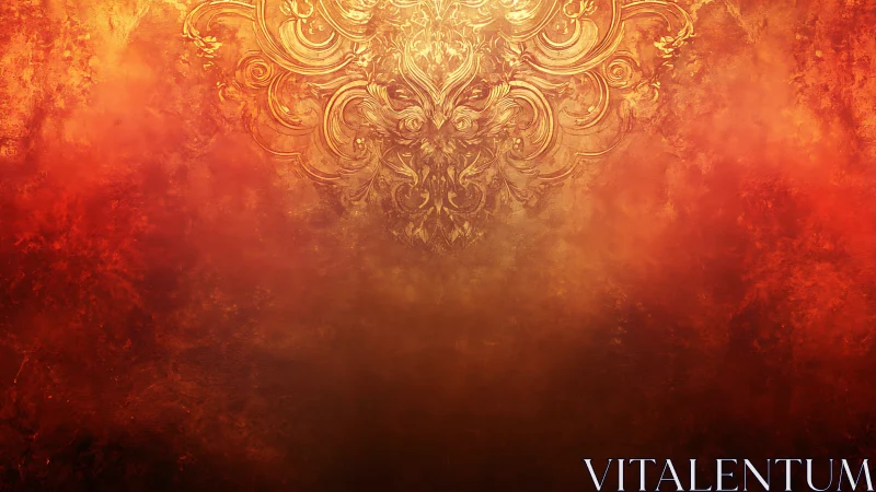 Ornate golden flourish over red textured background.