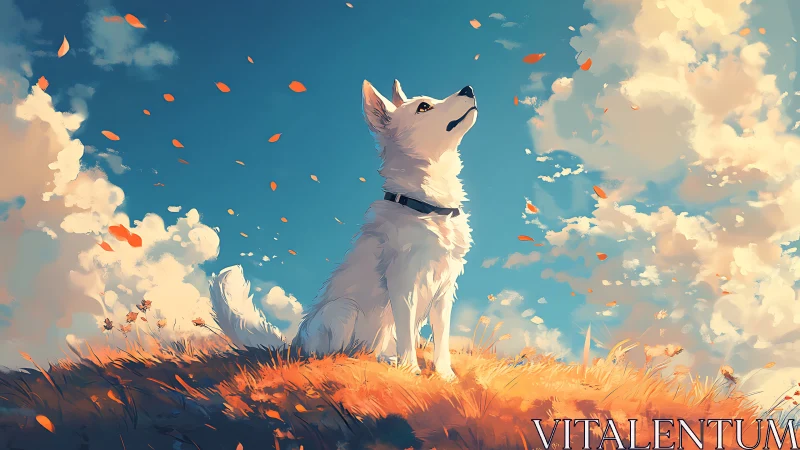 White dog on sunlit hill under drifting autumn leaves at dusk